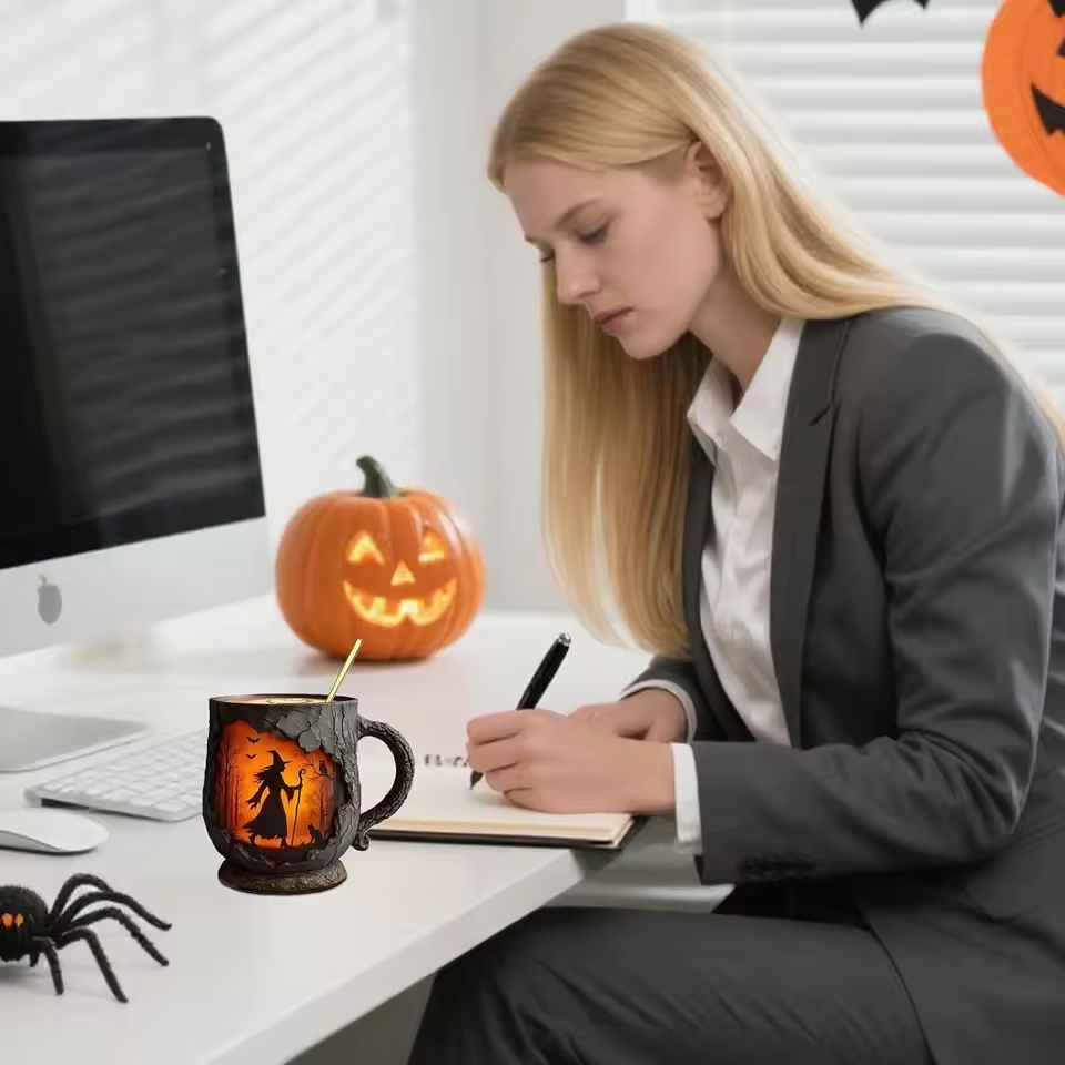 Artisan 3D Halloween Mug โ Featuring Witch and Cat Design